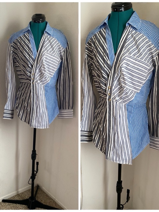 Pilcro Tops - Pilcro Mixed Stripe Button-Front Shirt in Blue, White, and Black M
